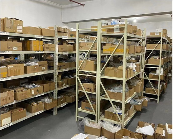Warehouse shelves with industrial control stock
